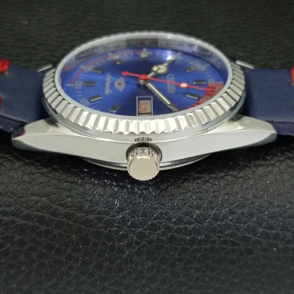 Vintage 1970 Citizen Automatic Mens Silver Watch W/daydate & Blue accents